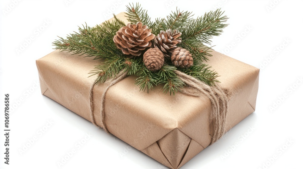 Festive holiday gifts wrapped in rustic kraft paper, adorned with twine and pine sprigs, create a cozy Christmas atmosphere on white background. Festive holiday gifts wrapped in rustic kraft paper, adorned with twine and pine sprigs, create a cozy Christmas atmosphere on white background.