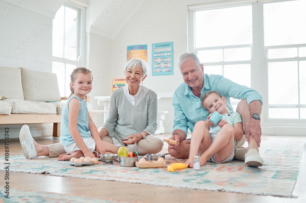 Fototapeta premium Grandparents, toys and children in home for bonding, development and play games with portrait. Senior people, puzzle and kids in lounge for happy family, education and learning on weekend with relax