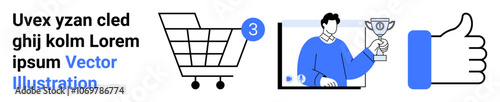 Wallpaper Mural Shopping cart with item count, man holding a trophy in front of a computer, thumbs up icon. Ideal for e-commerce, online shopping, user success, digital achievements, customer satisfaction, rewards Torontodigital.ca