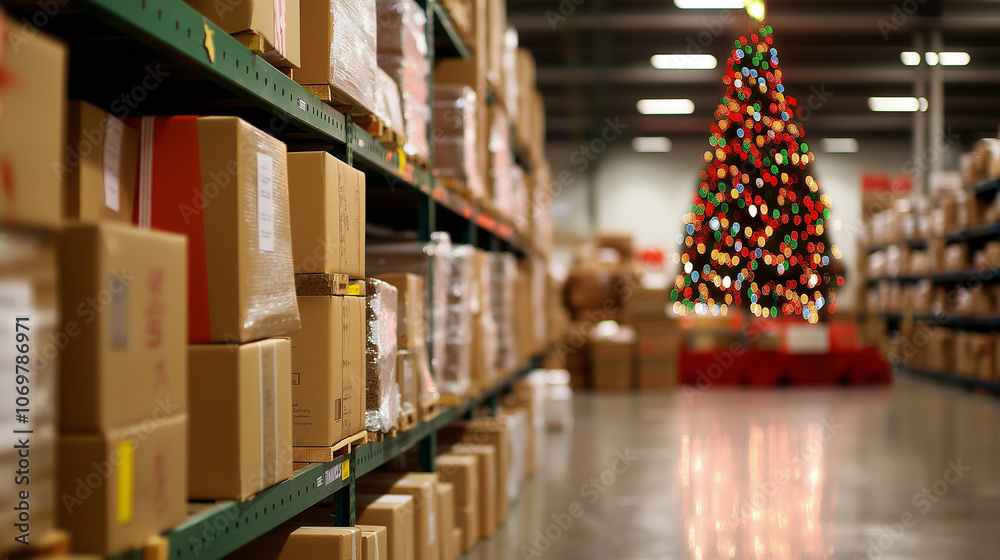Warehouse with stacked boxes and a decorated Christmas tree, symbolizing holiday preparation and logistics. Warehouse with stacked boxes and a decorated Christmas tree, symbolizing holiday preparation and logistics.