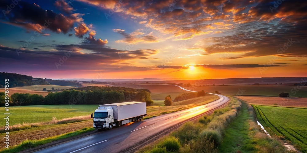 Silhouette of a White Truck on a Country Road at Sunset, Capturing the Beauty of Nature and Travel in a Serene Landscape Scene with Vibrant Colors in the Sky Silhouette of a White Truck on a Country Road at Sunset, Capturing the Beauty of Nature and Travel in a Serene Landscape Scene with Vibrant Colors in the Sky