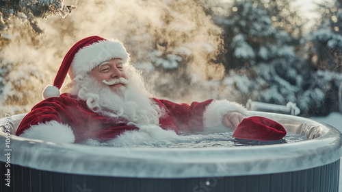 A relaxed Santa enjoying the warmth of a hot tub in a snowy environment with steam rising around him and his hat on a nearby photo