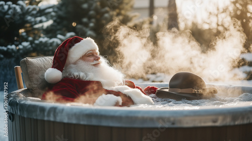 Santa Unwinds in Snowy Hot Tub Bliss with steam rising