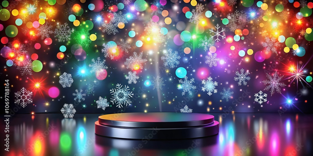 Sleek Black Podium Against a Festive Backdrop of Colorful Lights and Snowflakes for Holiday Events and Presentations Sleek Black Podium Against a Festive Backdrop of Colorful Lights and Snowflakes for Holiday Events and Presentations