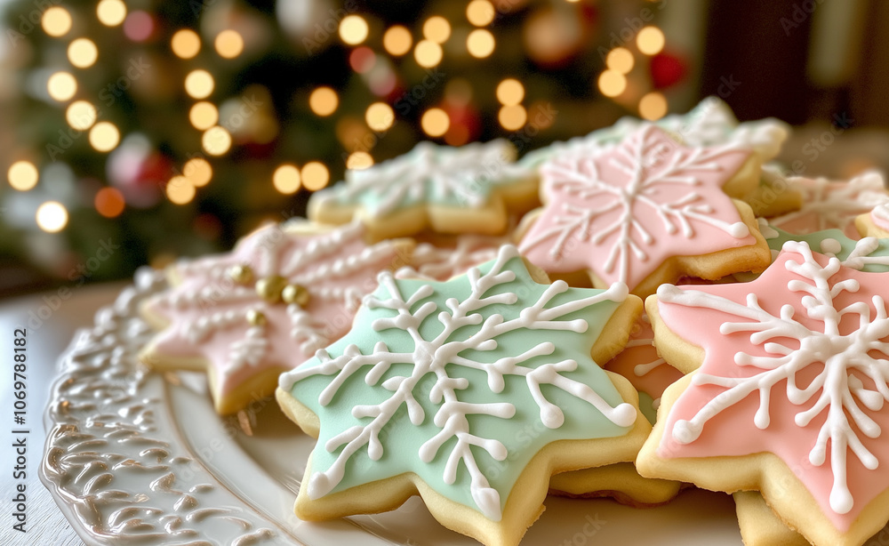 Festive plate of decorated Christmas cookies in star shapes with pastel colors and intricate icing. Festive plate of decorated Christmas cookies in star shapes with pastel colors and intricate icing.