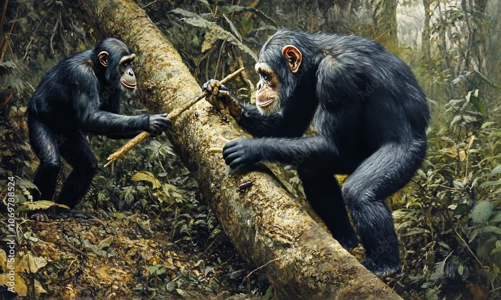 Chimpanzees Engaging with Tools in a Dense Forest Setting Displaying Skill and Curiosity Chimpanzees Engaging with Tools in a Dense Forest Setting Displaying Skill and Curiosity