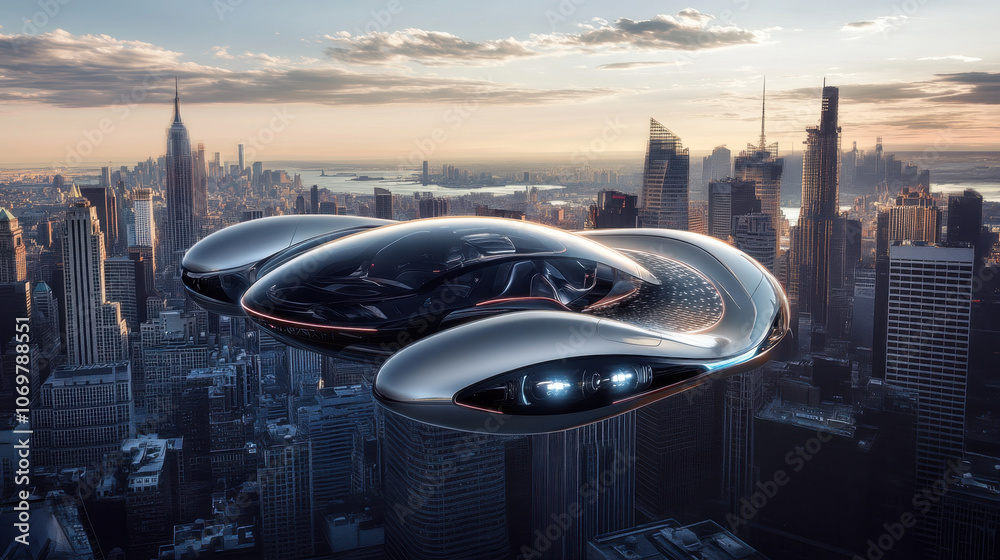 futuristic flying car with sleek and streamlined design hovers above bustling city skyline, showcasing advanced technology and innovation. scene captures blend of urban life and futuristic futuristic flying car with sleek and streamlined design hovers above bustling city skyline, showcasing advanced technology and innovation. scene captures blend of urban life and futuristic
