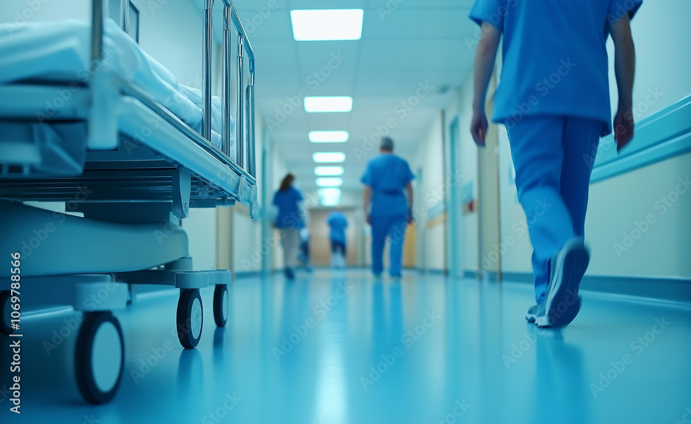 Hospital corridor with medical staff in white uniforms, symbolizing healthcare and a sterile environment. Hospital corridor with medical staff in white uniforms, symbolizing healthcare and a sterile environment.