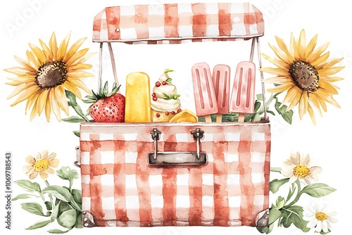 Fototapeta Naklejka Na Ścianę i Meble -  Watercolor Illustration of a Picnic Basket with Sunflowers, Ice Cream and Summer Treats.