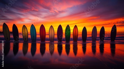 A row of surfboards lined up on a beach at sunset