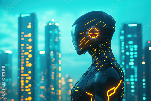 Futuristic android with sleek design and illuminated circuits standing in an ultra-modern cityscape at dusk, showcasing advanced technology and neon lights photo