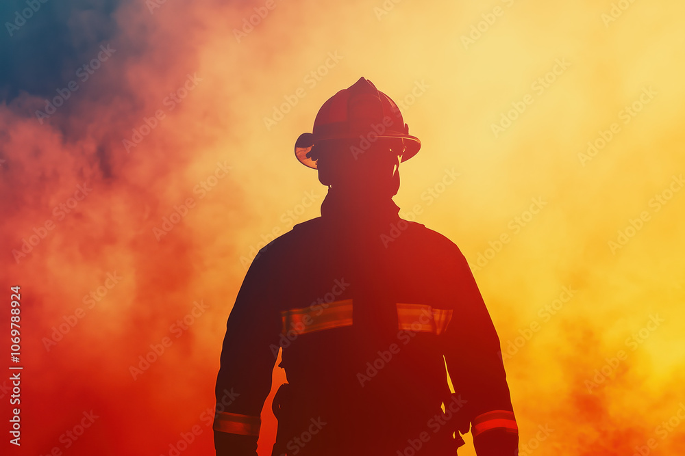 Courageous Firefighter Standing Amidst Smoke and Flames, Silhouetted Against Fiery Glow, Evoking Heroism Courageous Firefighter Standing Amidst Smoke and Flames, Silhouetted Against Fiery Glow, Evoking Heroism