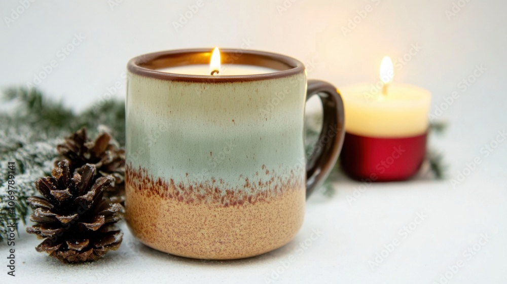 Mug and Christmas candle on white Mug and Christmas candle on white