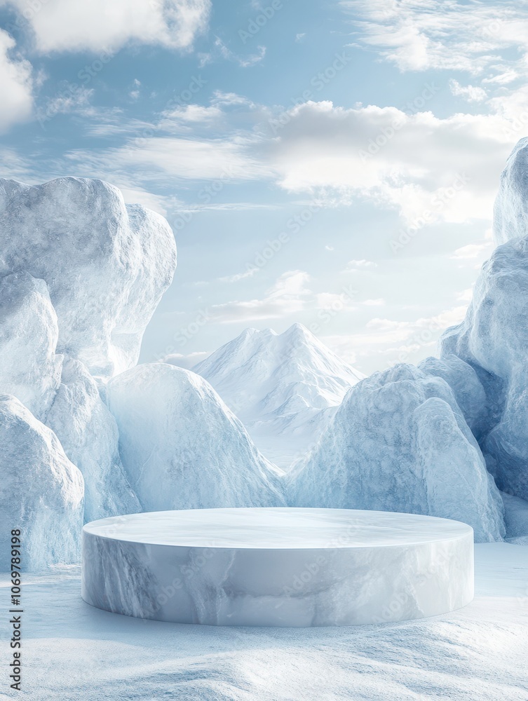 © Johannes - Ice podium background snow winter product platform cold mountain 3D. Podium ice display background cosmetic sky floor blue scene landscape frozen white cool stand pedestal minimal rock glacier nature