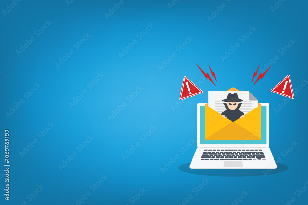 Email data phishing. Cyber thief hide behind Laptop computer. Hacking concept. Vector illustration Email data phishing. Cyber thief hide behind Laptop computer. Hacking concept. Vector illustration