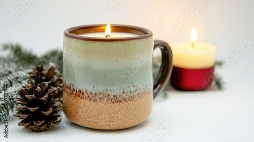 Mug and Christmas candle on white