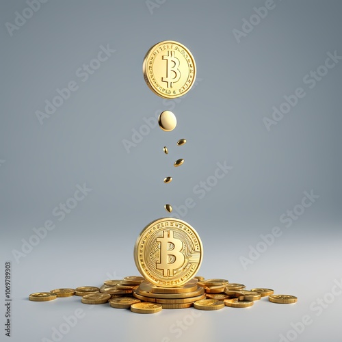 3d render of a gold bitcoin falling from the top and 3d gold coin