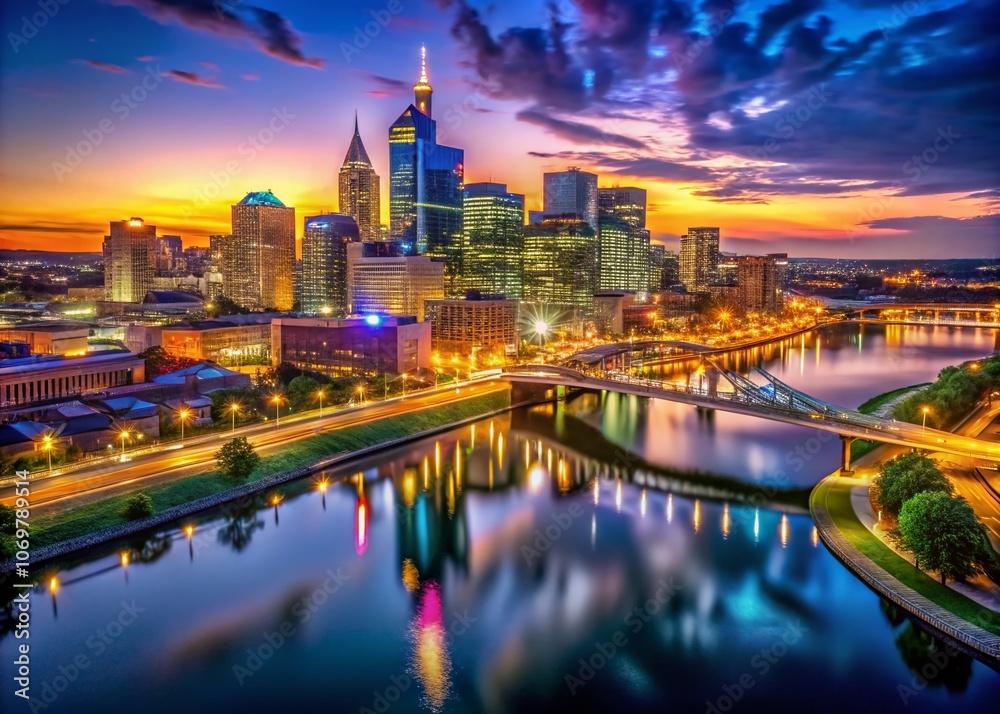Stunning Aerial View of Nashville Skyline Illuminated at Night with Bridges Spanning the River, Capturing the Vibrant Cityscape and Reflections on Water in a Breathtaking Scene Stunning Aerial View of Nashville Skyline Illuminated at Night with Bridges Spanning the River, Capturing the Vibrant Cityscape and Reflections on Water in a Breathtaking Scene
