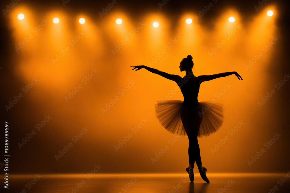 Graceful Ballerina in a Dance Pose under Soft Theater Lights on an Empty Stage with Minimalistic Background Graceful Ballerina in a Dance Pose under Soft Theater Lights on an Empty Stage with Minimalistic Background