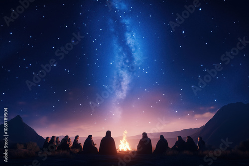 Ancient Storyteller Sharing Legends by the Campfire in a Nomadic Camp Under the Stars with Listeners in a Desert Landscape photo