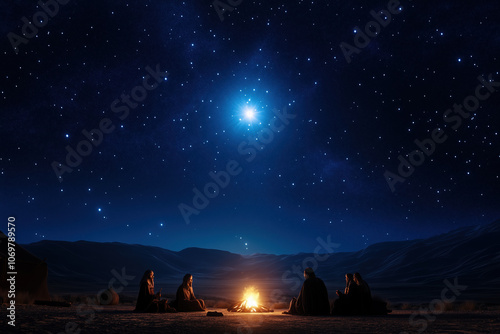 Nomadic Tribe Campfire Scene with Storyteller Sharing Folklore Under the Stars, Surrounded by Listeners in a Desert photo