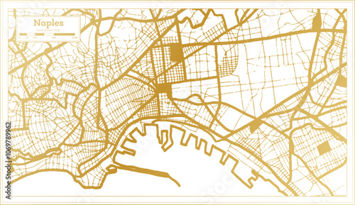 Naples Italy City Map in golden Colors in Retro Style. Outline Map.