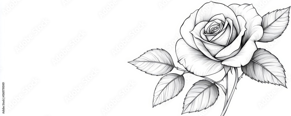 A detailed black and white sketch of a rose with delicate petals and leaves on an isolated background. A detailed black and white sketch of a rose with delicate petals and leaves on an isolated background.