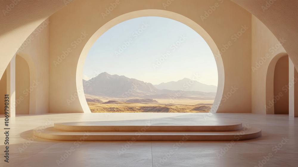 Fototapeta premium minimalist podium with circular window offers stunning view of mountains and serene landscape. soft light enhances tranquil atmosphere, inviting reflection and inspiration