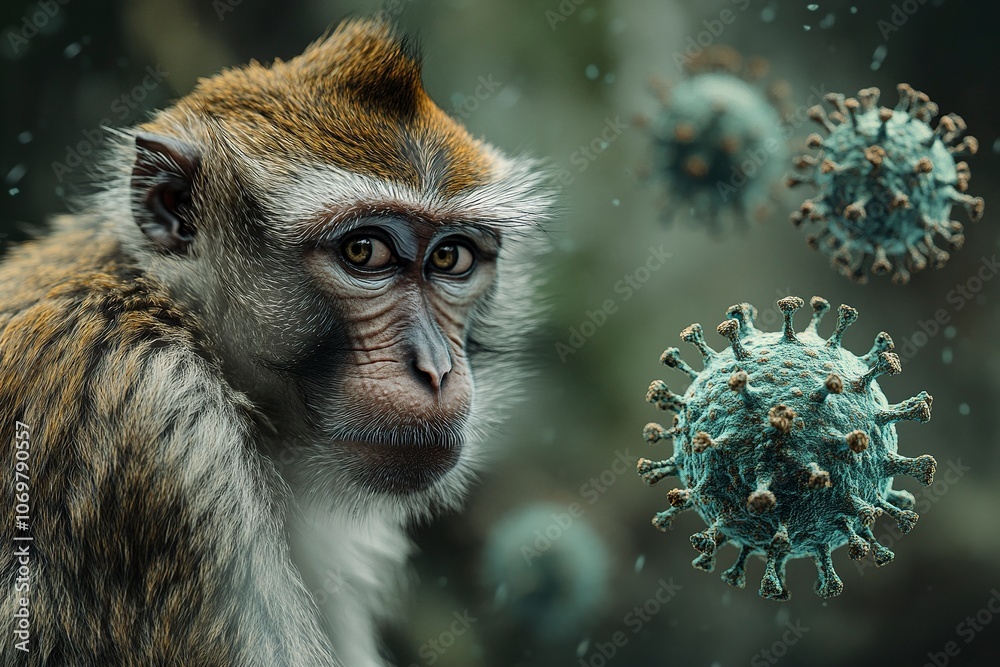 Obraz premium a close-up of a monkey, with the virus particles floating around it, symbolizing the transmission of a virus. generative ai
