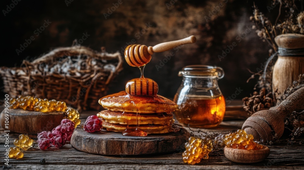 Honey dripping over pancakes, warm and inviting, delicious texture, breakfast setting Honey dripping over pancakes, warm and inviting, delicious texture, breakfast setting
