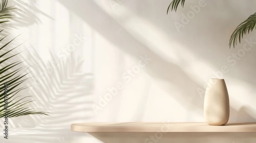 Neutral Cement Podium with Leaf Shadow on White Wall for Luxury Skincare Product Background in 3D Rendering