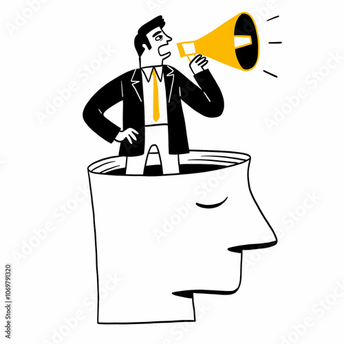 A businessman stands on something that looks like a human head and speaks into a megaphone.