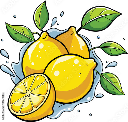 set of fresh delicious lemons splashing with leave