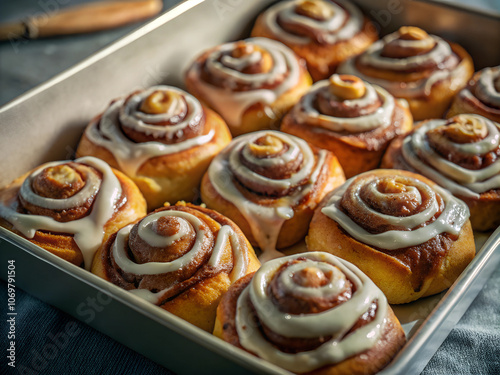 Close-up shot of a tray of cinnamon rolls, the golden brown swirls covered in gooey icing