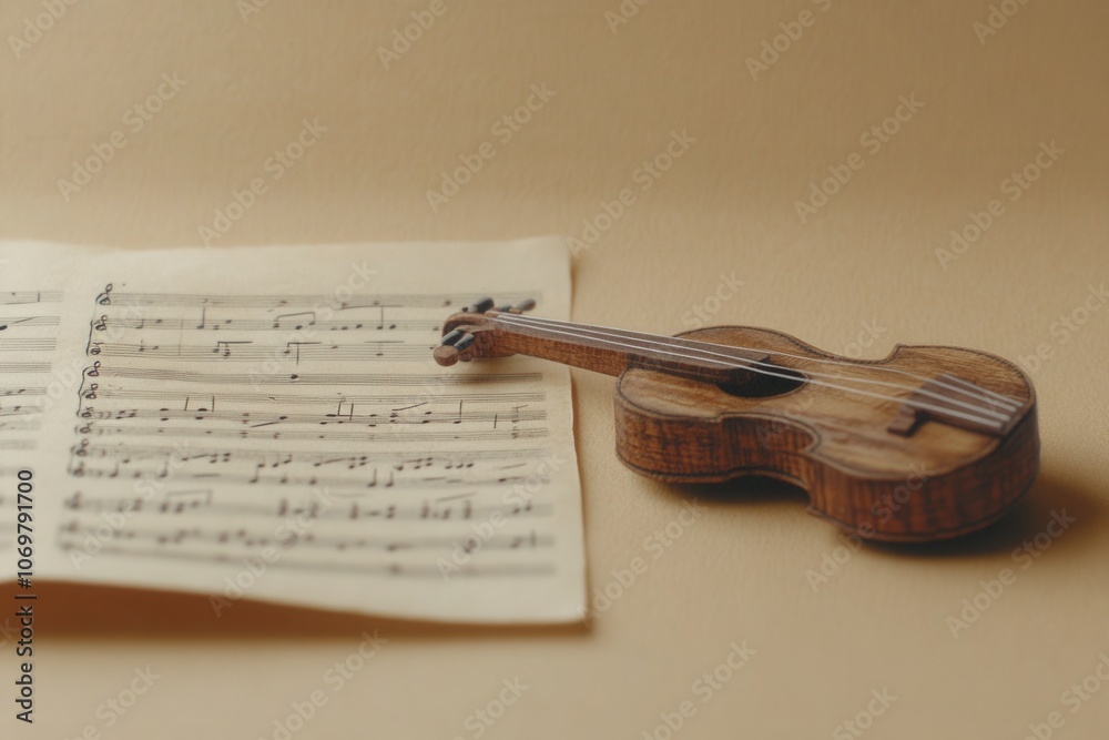 Fototapeta premium sheet music or small musical instrument on a beige background