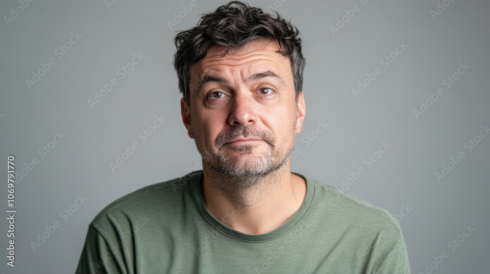 thoughtful man with tousled hair is looking directly at camera, conveying sense of introspection and calmness. His casual green shirt complements neutral background, creating relaxed atmosphere thoughtful man with tousled hair is looking directly at camera, conveying sense of introspection and calmness. His casual green shirt complements neutral background, creating relaxed atmosphere