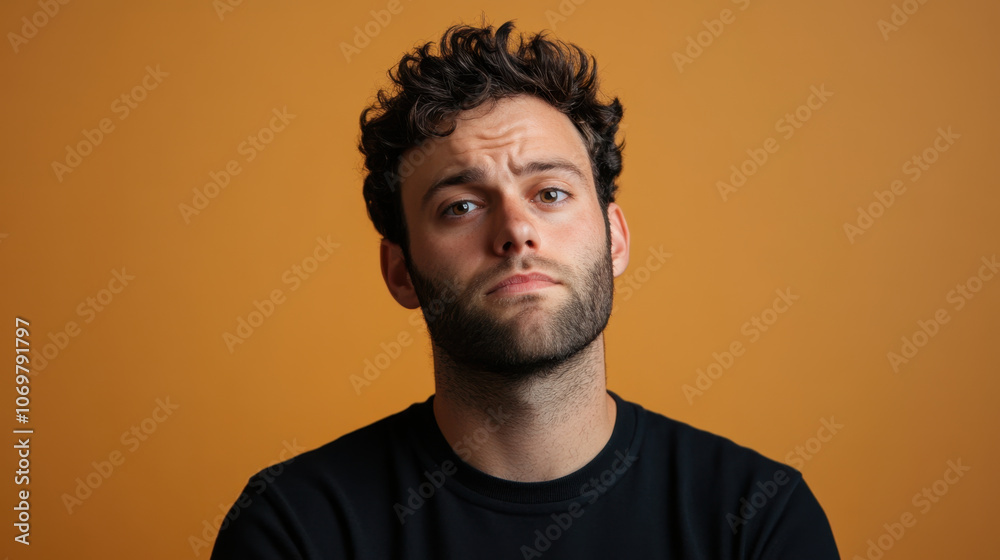 thoughtful man with curly hair gazes intently at camera against warm orange background, conveying sense of contemplation and depth thoughtful man with curly hair gazes intently at camera against warm orange background, conveying sense of contemplation and depth