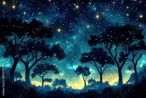 Enchanting Night Forest Glowing Trees Starry Sky Magical Nature Scene