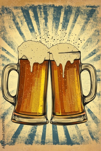Celebrate good times with retro beer mugs clinking under a sunburst background in a vintage style illustration. Generative AI