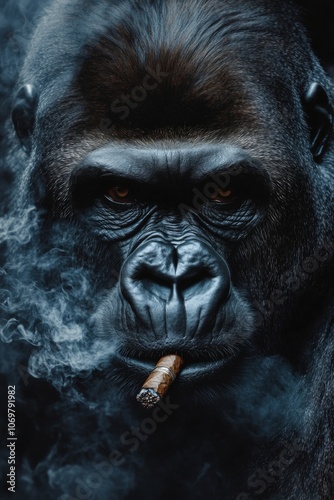 A portrait of a gorilla calmly smoking a cigar while surrounded by a cloud of smoke in a dimly lit environment. Generative AI