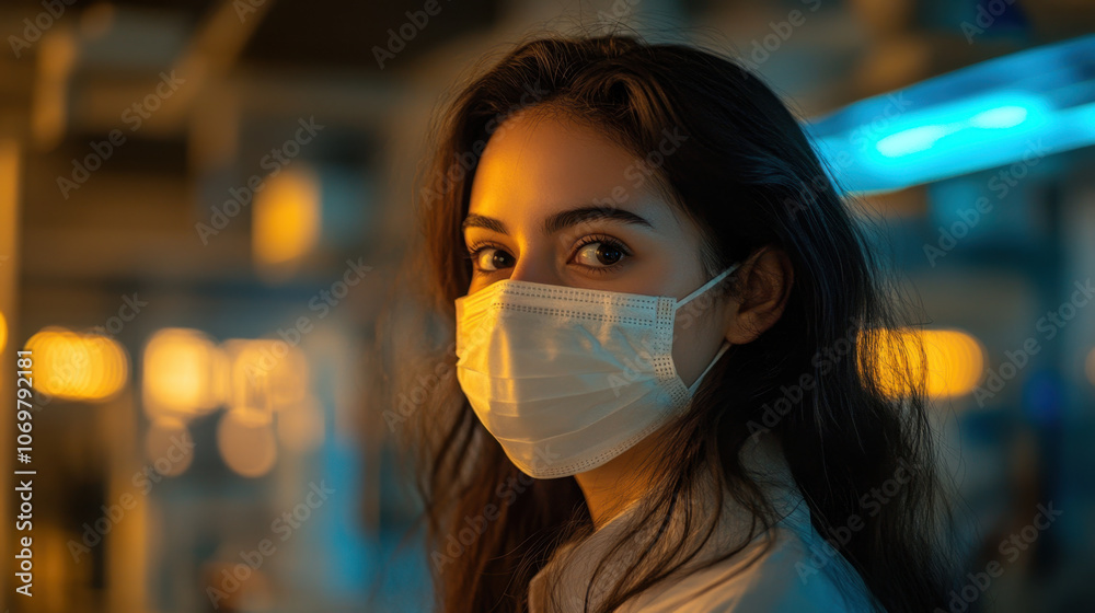 young woman wearing medical mask looks thoughtfully at camera, surrounded by softly lit environment. warm tones create calm and introspective atmosphere young woman wearing medical mask looks thoughtfully at camera, surrounded by softly lit environment. warm tones create calm and introspective atmosphere
