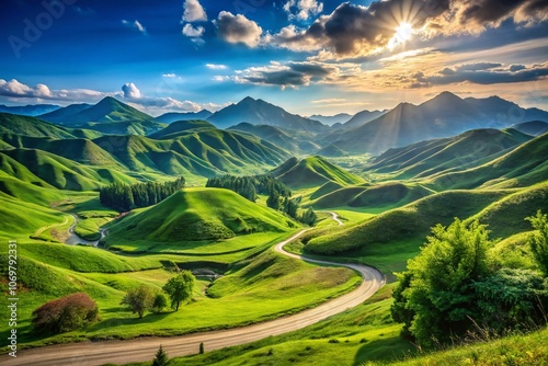 Stunning Landscape Photography for Cool Media Promotions Featuring Lush Green Hills, Majestic Mountains, and Clear Blue Skies to Captivate Your Audience and Enhance Your Brand Presence photo