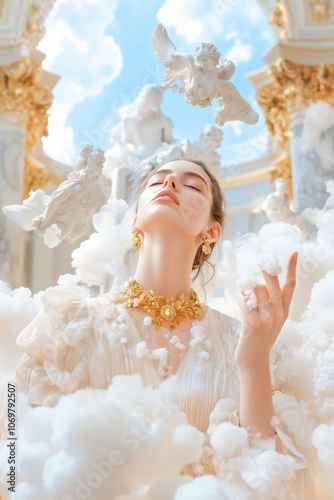 Powerful Ancient Greek Goddess in Flowing Robes and Golden Jewelry Surrounded by Marble Statues, Epic Lighting and Cloudy Skies photo