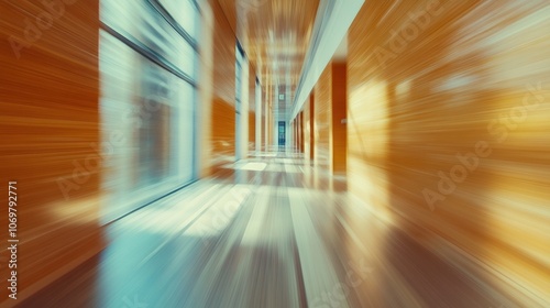 Blurred modern hospital corridor interior showcasing contemporary healthcare facility design with bright minimalist hallway captures professional medical environment during busy hours photo