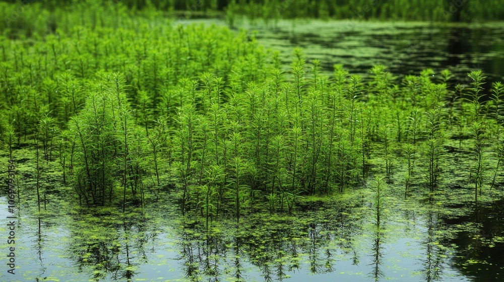Invasive aquatic weed Hydrilla verticillata dominates a freshwater lake, showcasing thick submerged vegetation that disrupts local ecosystems and threatens biodiversity and environmental balance. Invasive aquatic weed Hydrilla verticillata dominates a freshwater lake, showcasing thick submerged vegetation that disrupts local ecosystems and threatens biodiversity and environmental balance.