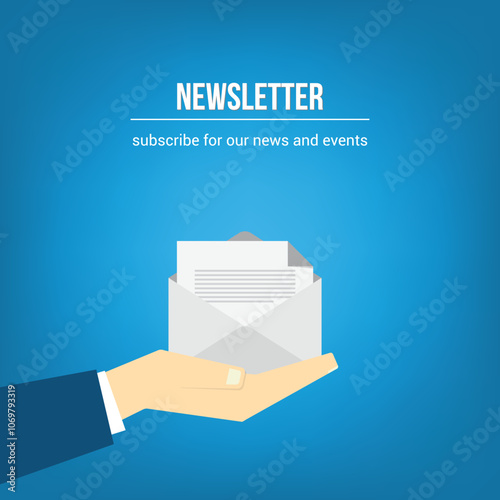 Newsletter. vector illustration of email marketing. subscription to newsletter, news, offers, promotions. a letter and envelope. subscribe, submit. send by mail.	