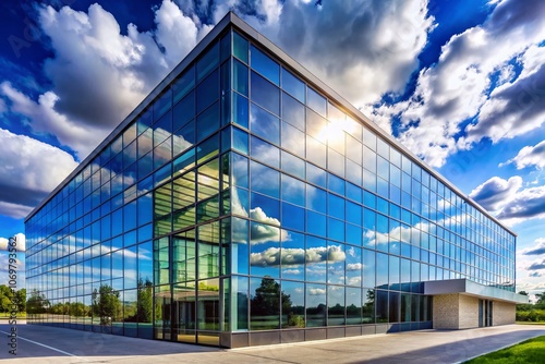 Stunning Panoramic View of a Modern Architectural Design Featuring an Innovative Glass Facade on an Industrial Building Under a Bright Blue Sky with Cloud Accents