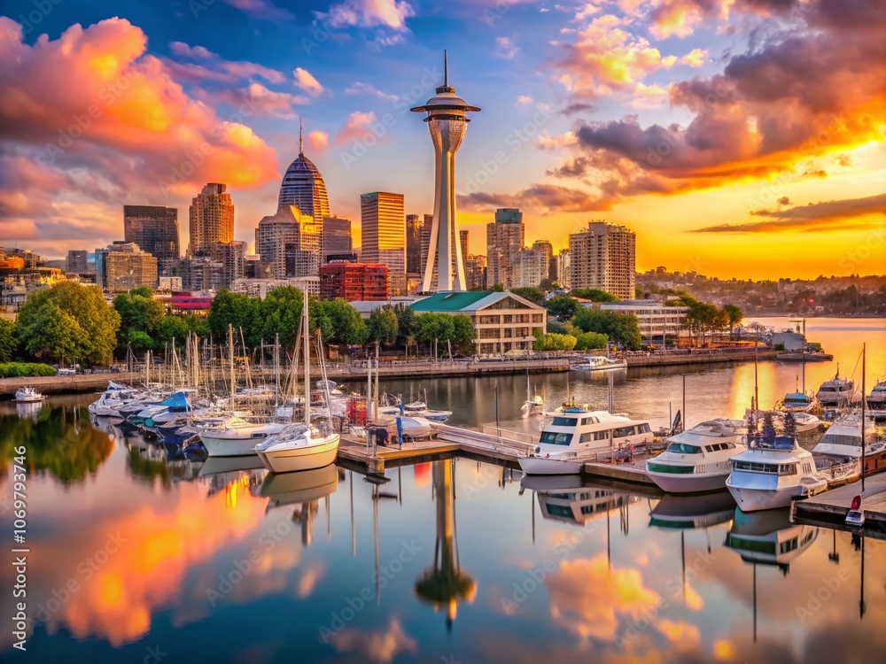 Fototapeta premium Stunning Panoramic View of Waterfront in Downtown Seattle, Washington, Capturing Iconic Landmarks, Vibrant City Life, and Serene Waters of Puget Sound at Sunset
