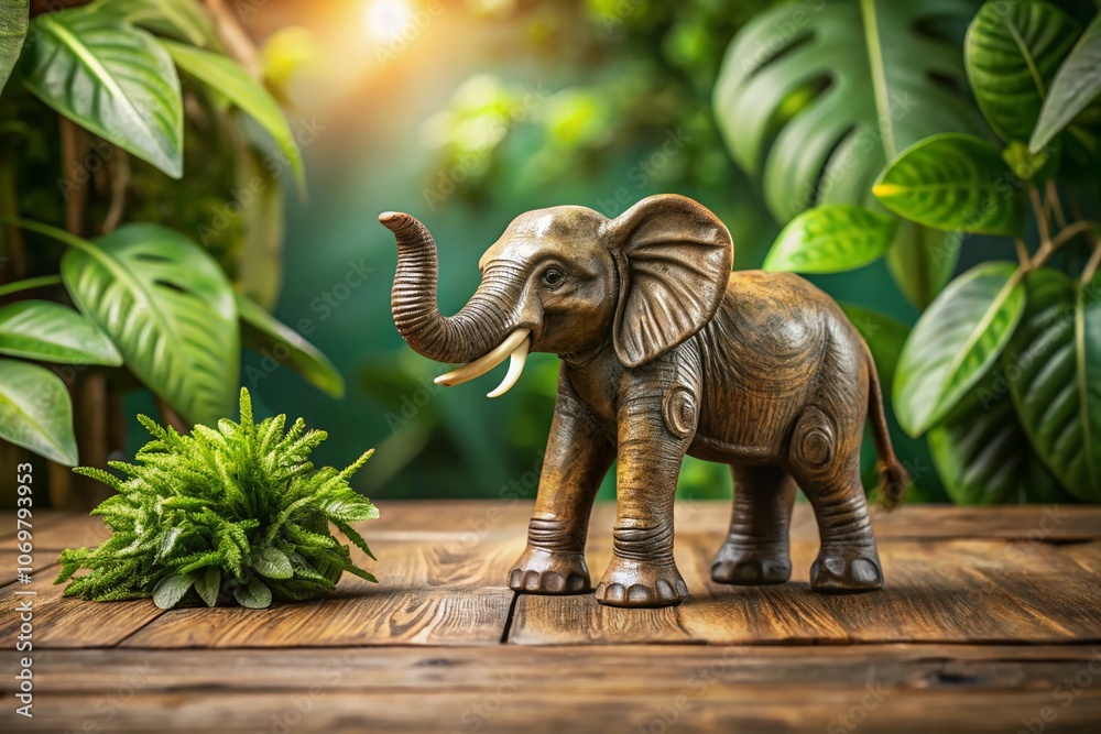 Fototapeta premium Stunning Product Photography of a Realistic Elephant Figurine on a Rustic Wooden Table with Natural Lighting Perfect for Home Decor and Wildlife Enthusiasts