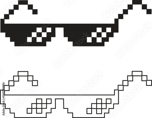 Pixel glasses icon set. Black flat and line vector collection isolated on transparent background element of pixel art. Ghetto lifestyle culture design. Mock up template. Abstract concept graphic sign.